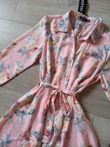 Boohoo Savannah Pink Floral Shirt Dress Tie Belt BNWT Long/3/4 Tab Sleeves UK14 - Picture 11 of 22