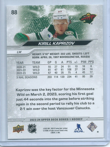 Kirill Kaprizov Silver Outburst SP 2023-24 Upper Deck Series 1 - Picture 2 of 2