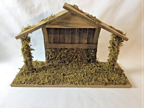 Krippe Stall Krippe Moos bedeckt Holz Lichter Batterien 15" x 9. 5" - Bild 1 von 13