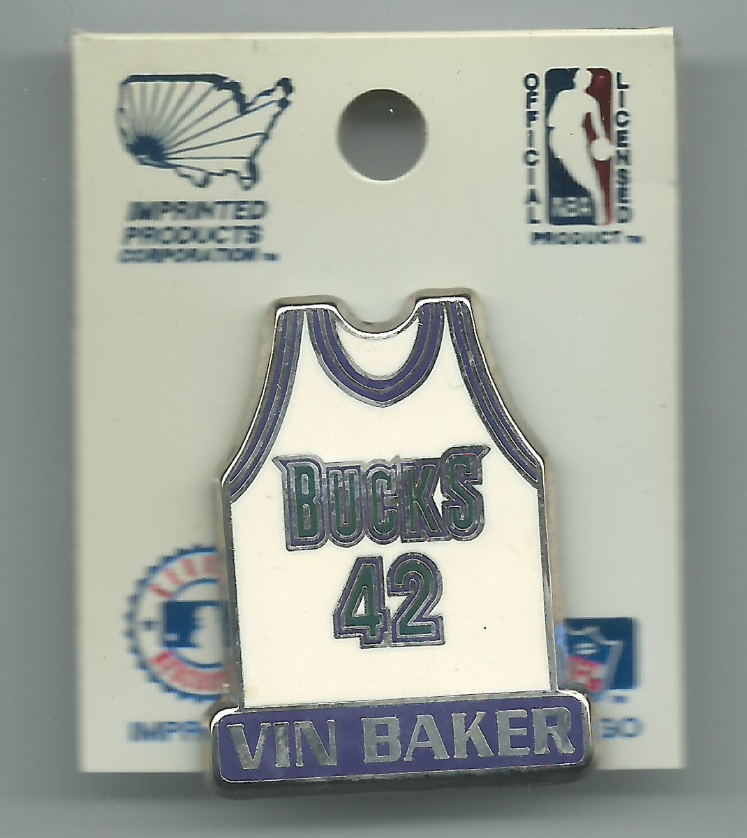 NBA Milwaukee Bucks Vin Baker #42 White Jersey Pin Basketball Imp. Prod.  1996