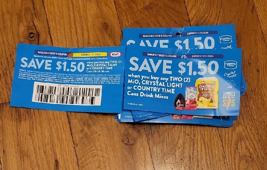 CRYSTAL LIGHT/MIO/COUNTRY TIME COUPONS--SAVE $1.50/2--EXP. 1/31/24--LOT OF 20!!