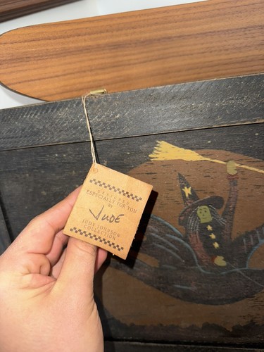 Vtg Primitive Halloween Hand Painted Picture Higher Dearie Witch Crow Broomstick - Picture 3 of 6