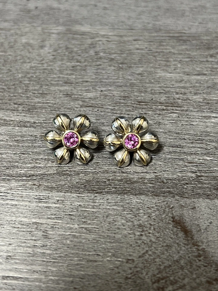 18k Gold & .925 Sterling Silver Pink tourmaline Flower Pedal Earring Studs - Image 2 of 4