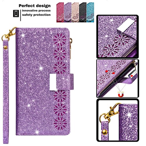 For Various Phone Zipper Flip Card Wallet Case Laser Glitter Stand Bag Cover Hot - Picture 20 of 25