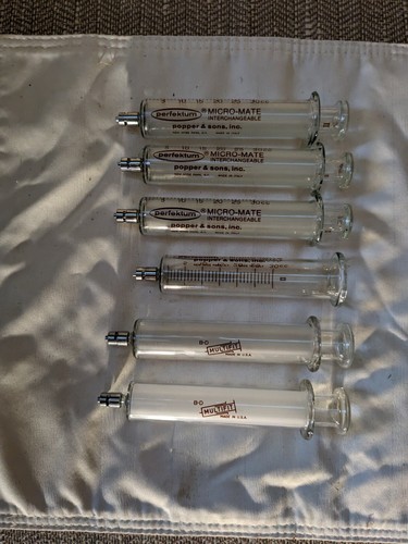 6 Stück Vintage Glasspritze 30cc Luer Lok B-D Poper & Sons Micro-Mate