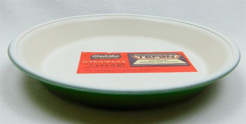 Vintage Glasbake Green Pie Dish with Teflon Jeannette Glass 9.25 in. NOS - Picture 5 of 10