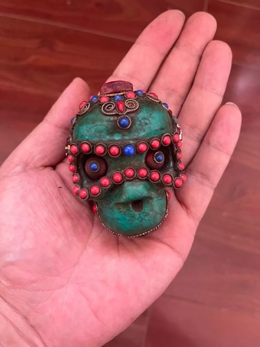 China Tibet Nepal turquoise inlay gemstone Buddhism skull Skeliton Dakani statue - Picture 1 of 5