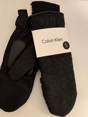 NWT CALVIN KLEIN Women's Mitten Gloves Black Size Small Black Logo MSRP  $48