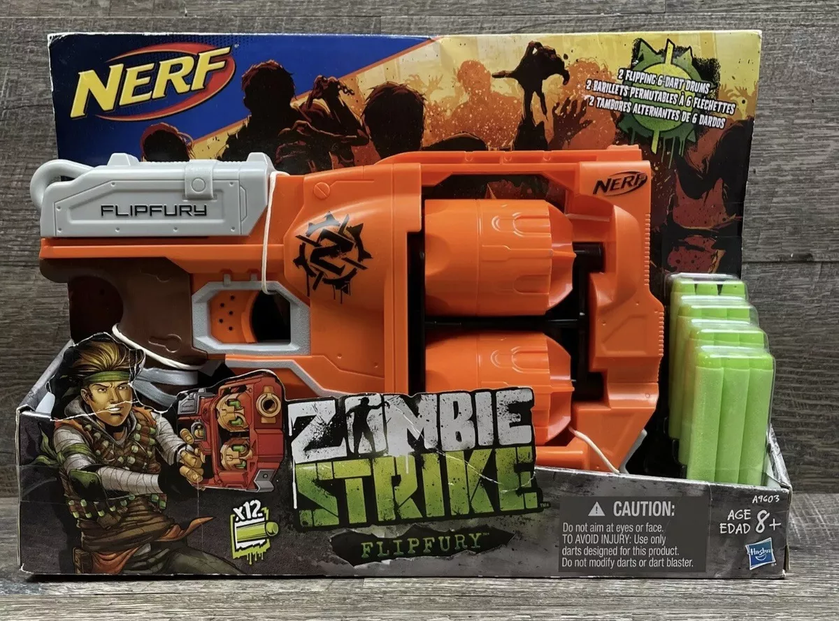 NERF Zombie Strike FlipFury Blaster - 2 Flipping 6-Dart Drums - Fire 6  Darts, Flip, Fire 6 More - 12 Nerf Zombie Strike Elite Darts (  Exclusive)