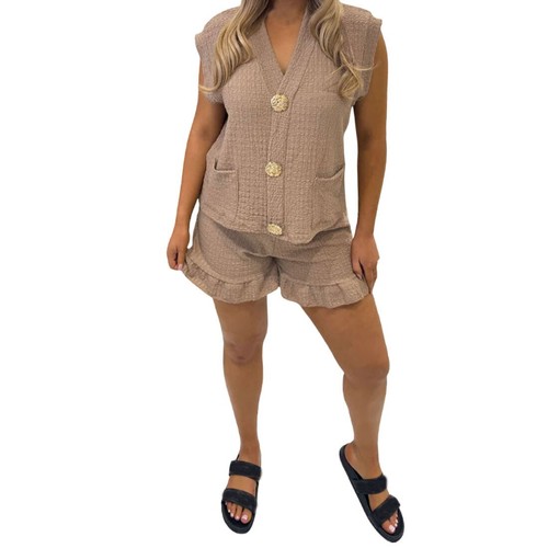 Womens Sleeveless Gold Button Popcorn Textured Top & Shorts 2 Piece Co Ord Set - Picture 4 of 19
