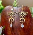Unique Moon Luna Moth Bohemian Gypsy - Earrings - Golden And Moonstone Witchy