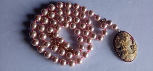 Collana di perle madreperla con cammeo pendente ciondolo 30x40mm donna vintage - Foto 2 di 22