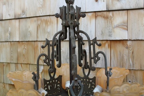Antique Lincoln Art Deco Slip Shade Ceiling Light Fixture Chandelier Fleur Lys - Picture 5 of 16