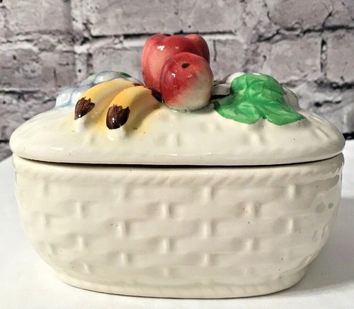 Vintage Oval White Woven Basket Pattern Ceramic Dish Bowl w/ Fruit on Top of Lid