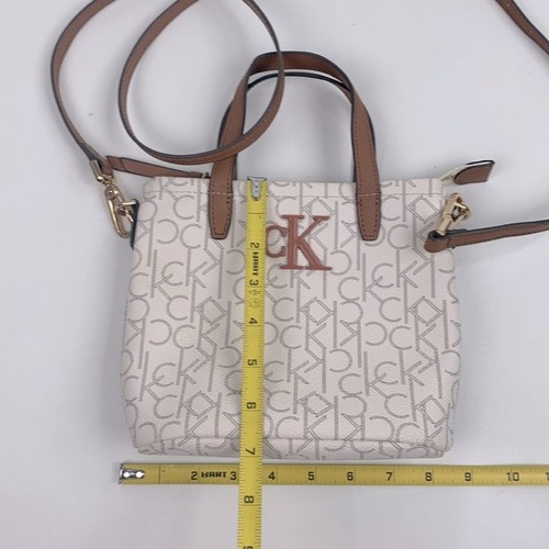 Calvin Klein CK Cream Brown Crossbody Satchel Bag purse Gold hardware Lined - Picture 11 of 15