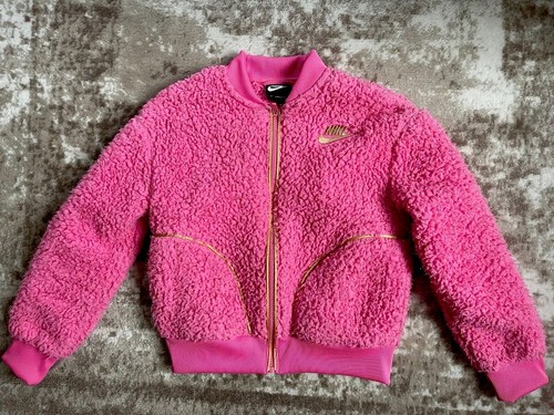 Nike Girls Full Zip Sherpa Bomber Jacket Candy Pink Rose Gold Size M - Picture 1 of 13