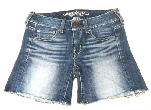 AMERICAN EAGLE Distressed Womens Sz 0 Blue Denim Shorts Whiskers Cut Off Stretch - Picture 1 of 9