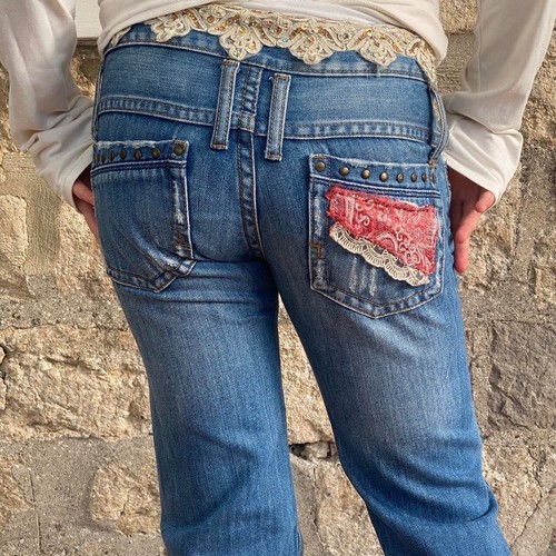 vintage embellished low rise jeans y2k fairy coquette ballet lace - Picture 2 of 6