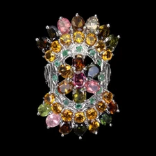 925 Sterling Silver Ring Oval Tourmaline Citrine Emerald Gemstone Jewelry Sz 9.5