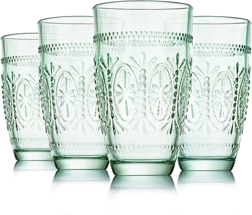 Colored Vintage Drinking Glasses Set of 4, 15.5 Oz Romantic Embossed Water Glass - Picture 9 of 12