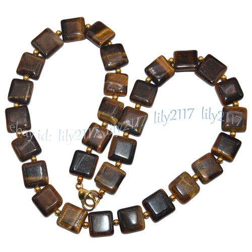 Fine 12mm Natural Yellow Tiger's Eye Flat Square Gemstone Beads Necklace 14-36'' - Picture 6 of 18