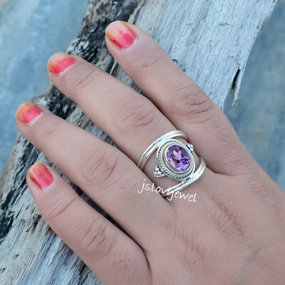 Lila Amethyst Oval Edelstein 925 Sterling Silber Boho Mode Mädchen Schmuck Ring