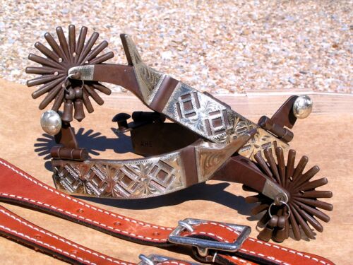 Men's BIG rowel show spurs WITH leather straps and Jingle Bobs
