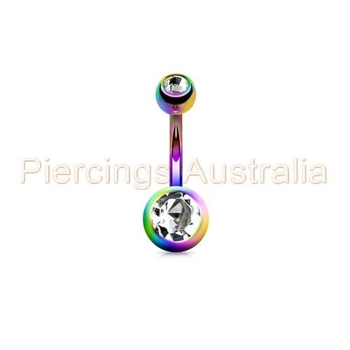 Titanium IP Clear Double Jewelled Belly Button Bar Navel Ring Body Jewellery - Picture 4 of 5