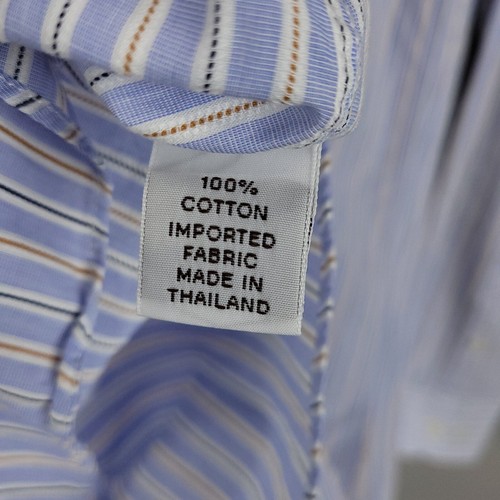Santorelli Shirt Mens Medium 15.5 Trim Fit Blue Brown Striped Spread Collar - Picture 6 of 13