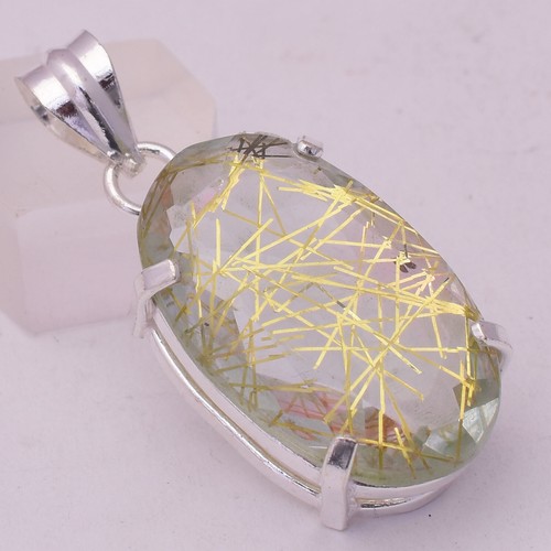 Sottile Dorato Rutilato Gemma 925 Argento Sterling Fatto a Mano Ciondolo EN-89 - Foto 3 di 3