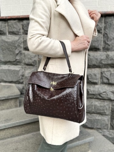 Bolso de hombro de cuero de avestruz genuino de lujo negro para mujer - Imagen 15 de 24