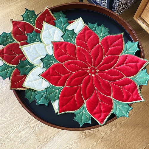 Christmas Placemat Embroidered Poinsettia Flower w Green Holly Dinner Table Mat - Picture 15 of 24