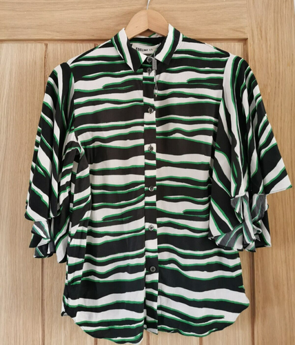 Edeline Lee blouse Green striped pattern Flutter Butterfly sleeves blouse 10 - Picture 2 of 15