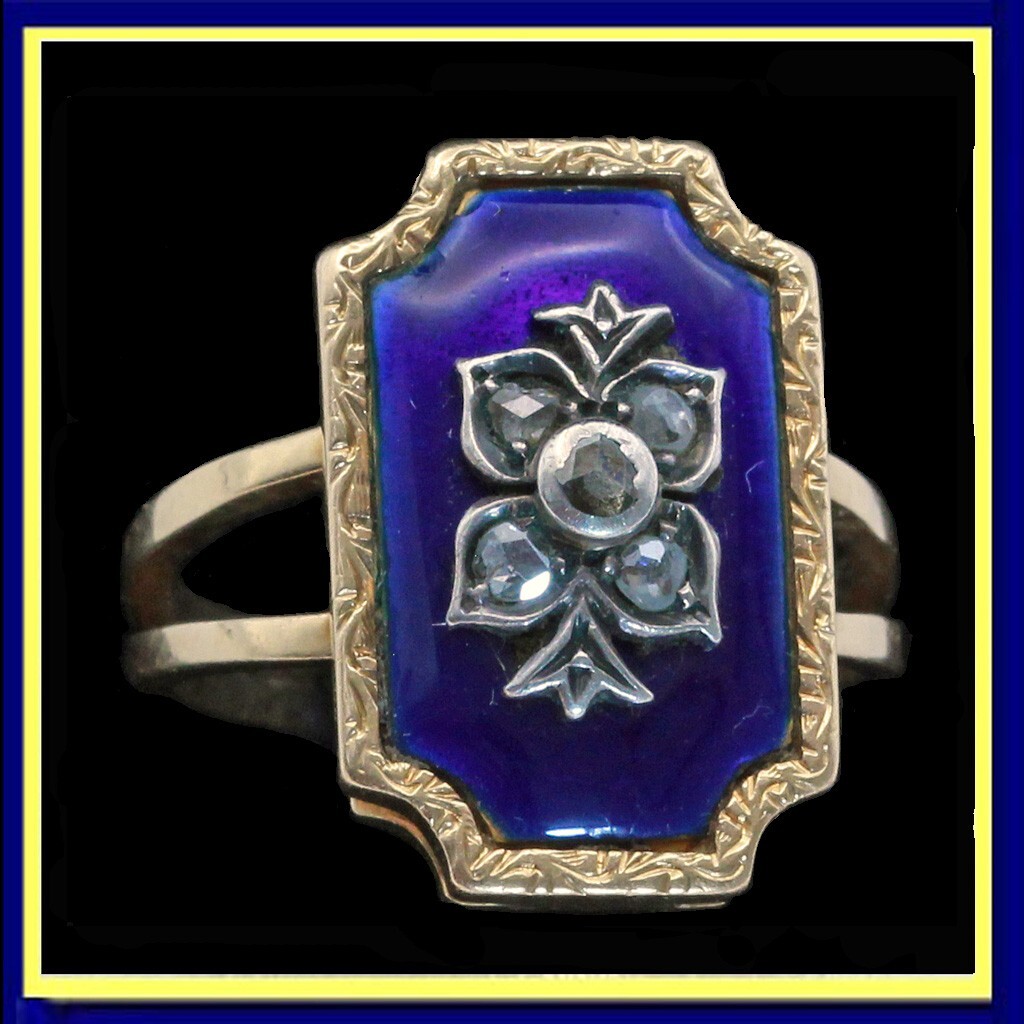 Antique ring gold silver diamonds blue enamel Europe bagues au firmament (7422)