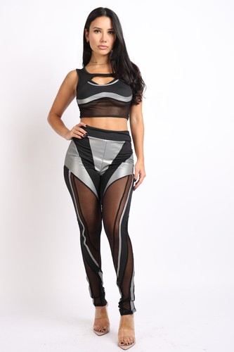 Women's Casual Cut Out Detail Black Sleeveless Square Neck Top And Leggings Set - Picture 2 of 12