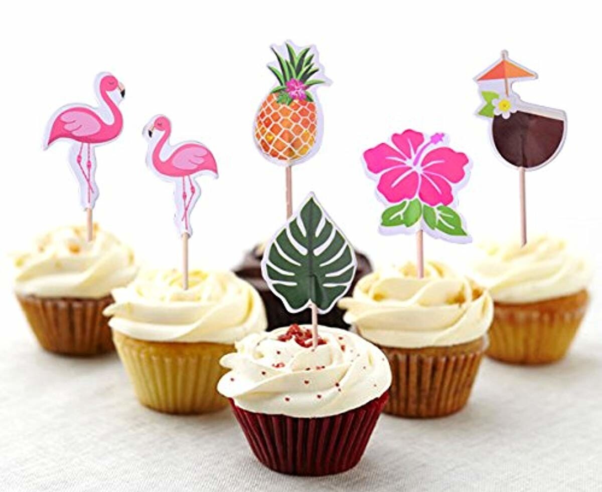 48-Pack Cupcake Toppers For Hawaiian Luau Summer Flamingo birthday Parties Ca...