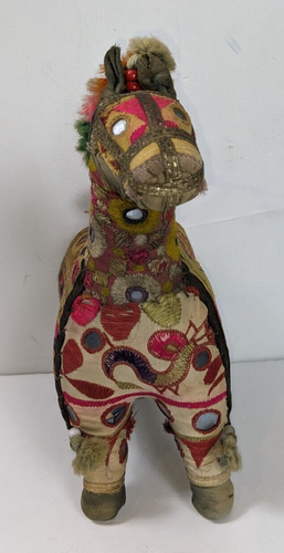 Espejos de tela tejida a mano caballo arte popular India vintage cuentas BOHO Rajasthan 12" - Imagen 3 de 10