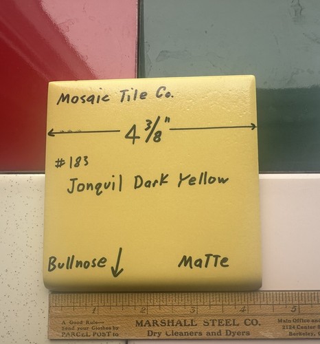 1 pc. Matte Jonquil Dark Yellow: Bullnose Ceramic Tile 4-3/8" by Mosaic Co. NOS - Picture 2 of 22