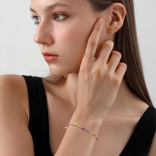 Amethyst Perlen Armbänder für Damen 18k vergoldet rund Kugel Perlenarmband He - Bild 2 von 6