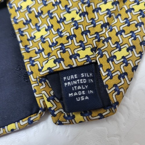 Brooks Brothers Makers Mens Silk Tie Yellow Navy Chain Link Geometric Pattern - Picture 4 of 7