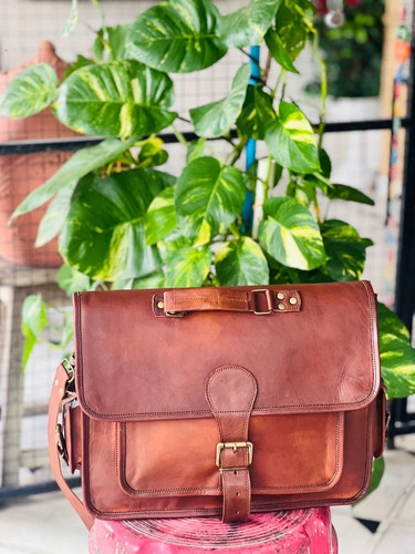 Bolso de hombro marrón genuino hecho a mano de cuero para computadora portátil - Imagen 12 de 15