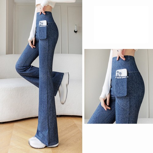 Pantaloni Yoga Donna Vita Alta Svasati Elasticizzati Look Denim Lifting Butt - Foto 25 di 28