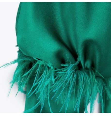 Zara Midi Dress Womens Green Silk Satin Ostrich Feather Long Sleeve L - Picture 5 of 10