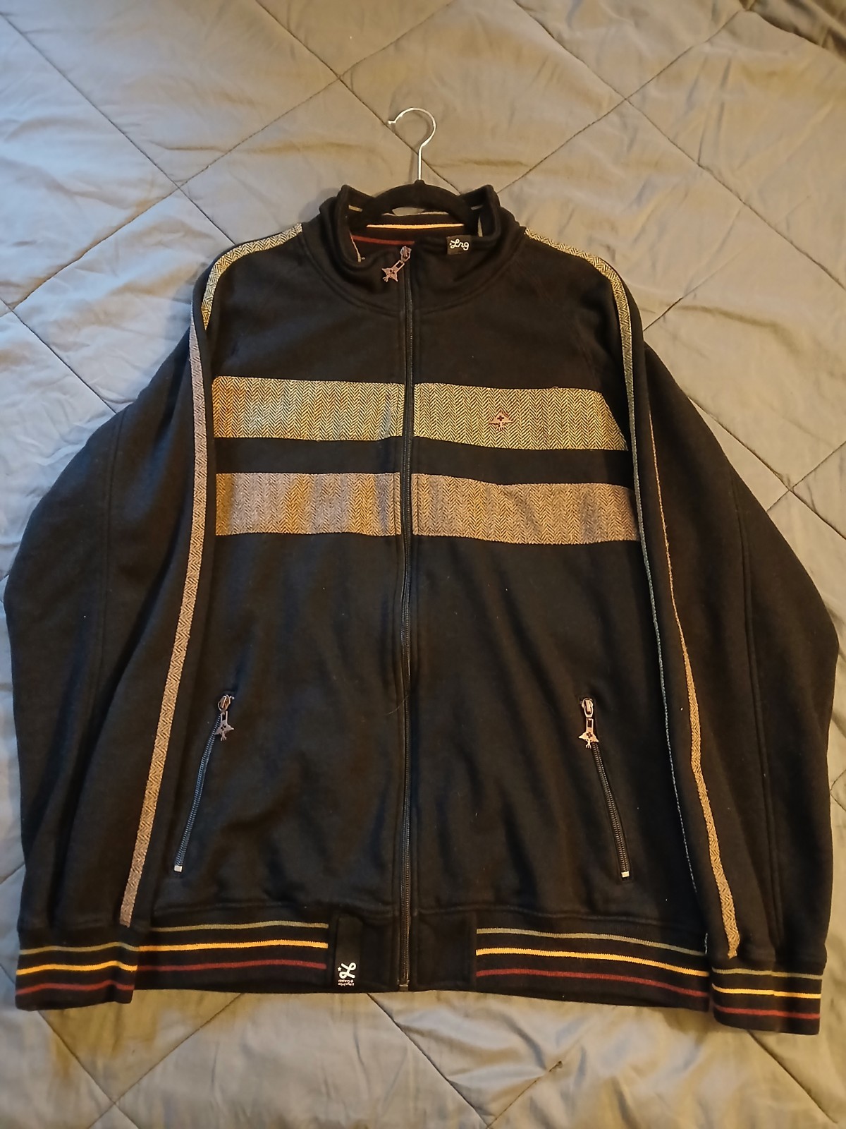 Vintage LRG Men's Black Striped Track Jacket XL Full Zip Zipped Pockets