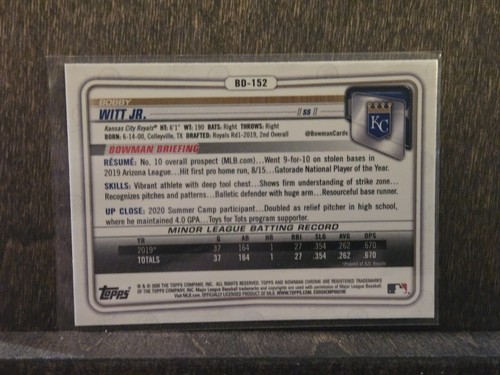 BOBBY WITT JR. 2020 BOWMAN DRAFT CHROME RC KANSAS CITY ROYALS #BD-152 B - Picture 2 of 2