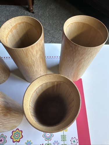 Vintage Bamboo Japan Natural Tiki Bamboo Tumbler Glasses Set Of 5 Cups Vases - Picture 2 of 7