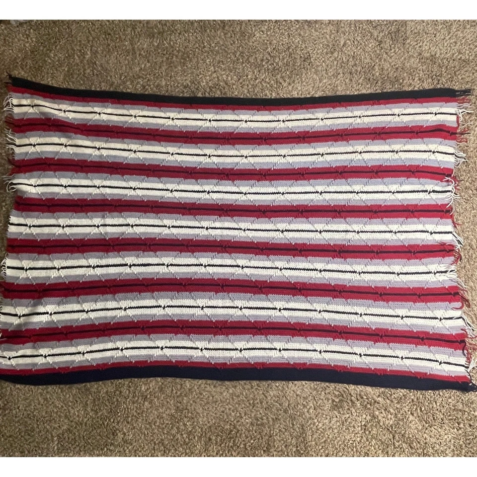 Striped Crocheted Throw Afghan Blanket Red Gray White Black Home Decor - Image 2 of 4
