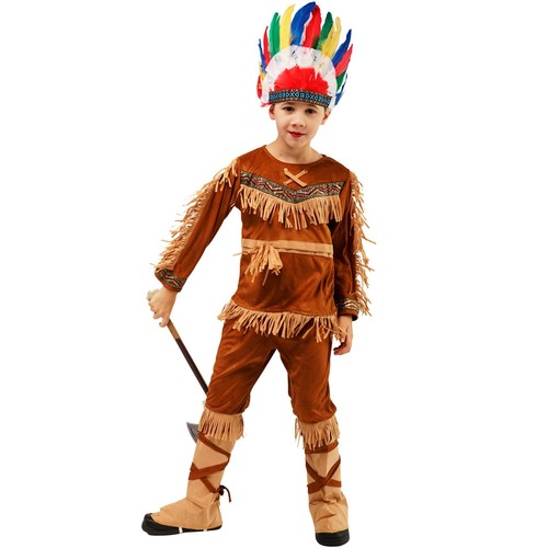 PGOND Boys Indian Halloween Cosplay Costume With Colorful Feather Hat 10-12 - Picture 2 of 3