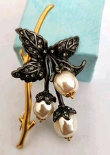 JOAN RIVERS Pearls Gold Branch Encrusted Gun Metal Crystal Rhinestone PIN BROOCH