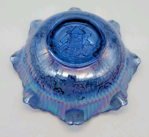 Vtg Imperial Carnival Glass Electric Blue Purple Windmill Ruffled Bowl - Picture 3 of 9